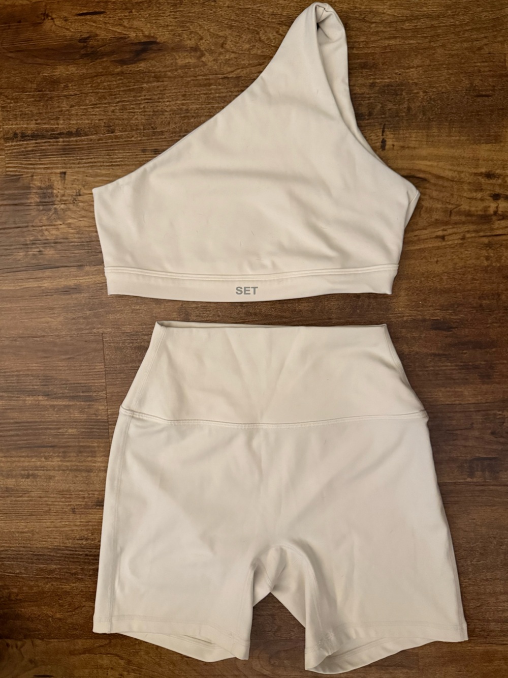 SET Active One-Shoulder Crop Top and High-Waist Bike Shorts in Cream